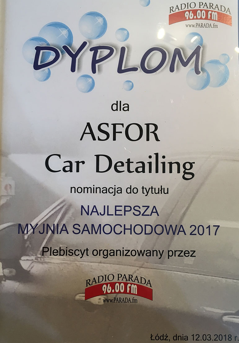 Certyfikat Auto detaailing Asfor Łódź